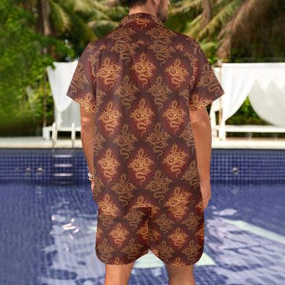 Chinese Dragons Gold Design Men's Beach Shirt and Shorts Set