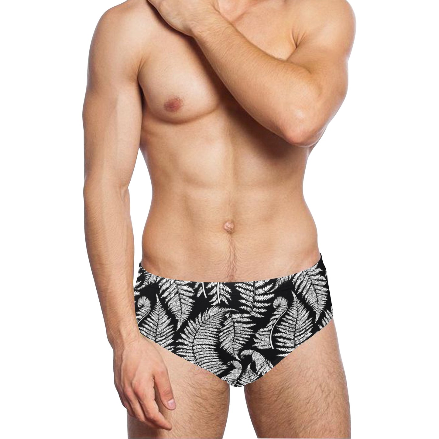 Fern Leave Black White Print Pattern Men's Swimming Briefs