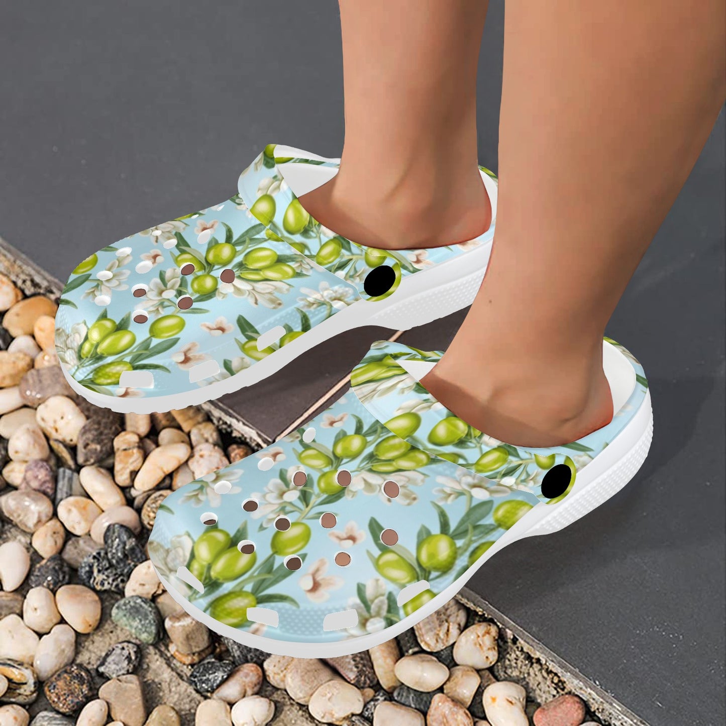 Elegant Olive Floral Print Unisex Clogs Shoes