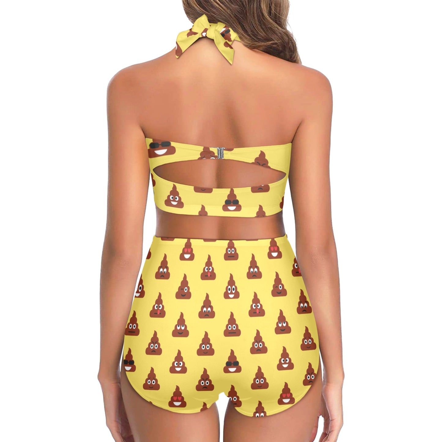 Emoji Poop Print Pattern Halter Neck Bikini Swimsuit