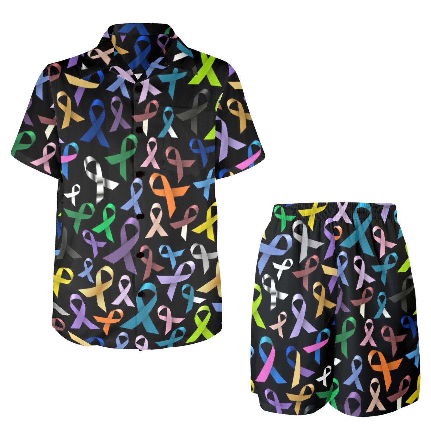 Breast Cancer Awareness Colorful Print Men's Beach Shirt and Shorts Set