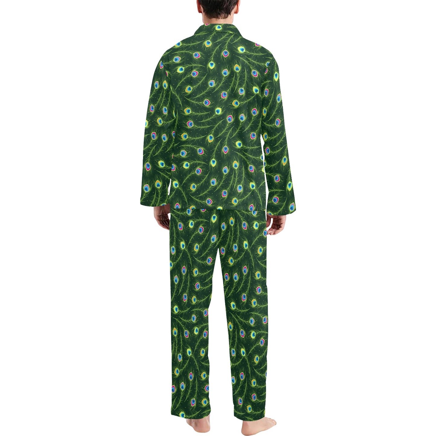 Peacock Feather Green Design Print Men's Long Pajama Set
