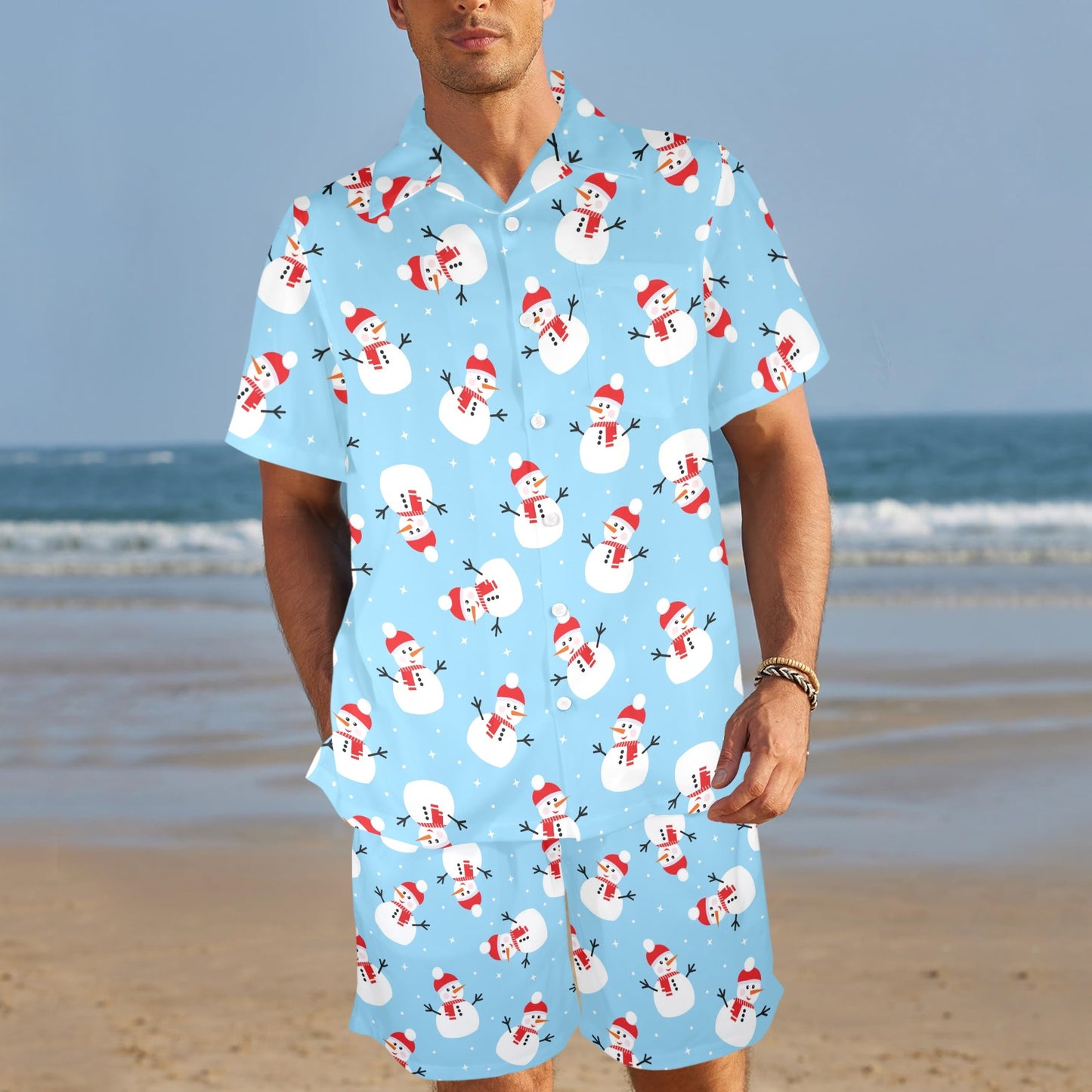 Snowman Print Design LKS305 Men's Beach Shirt and Shorts Set