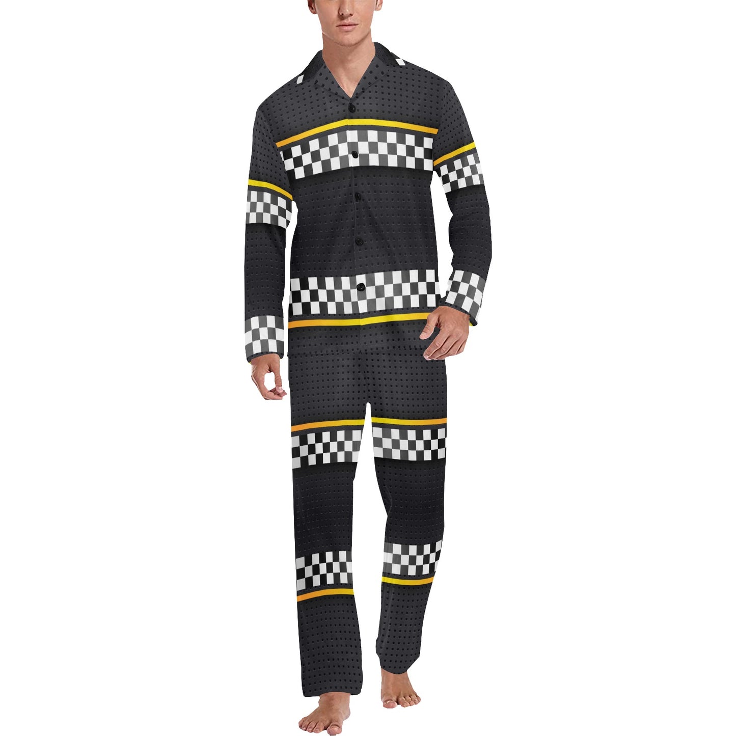 Checkered Flag Yellow Line Style Men's Long Pajama Set