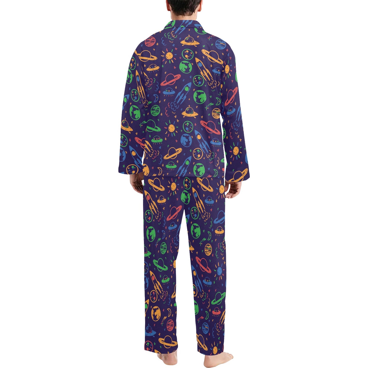 UFO Space Rocket Print Design LKS302 Men's Long Pajama Set