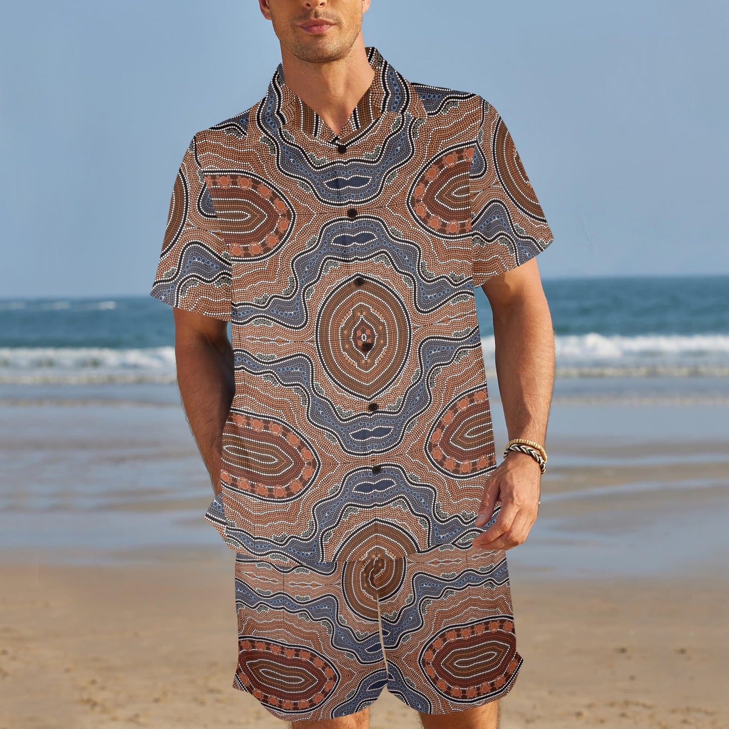 Aboriginal Pattern Print Design 01 Men's Beach Shirt and Shorts Set