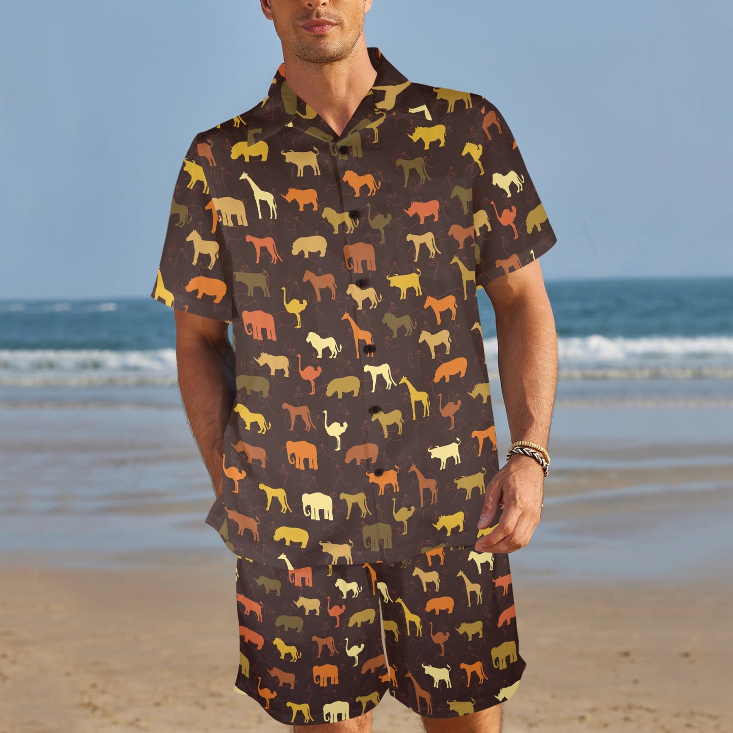 Safari Animal Print Design LKS301 Men's Beach Shirt and Shorts Set