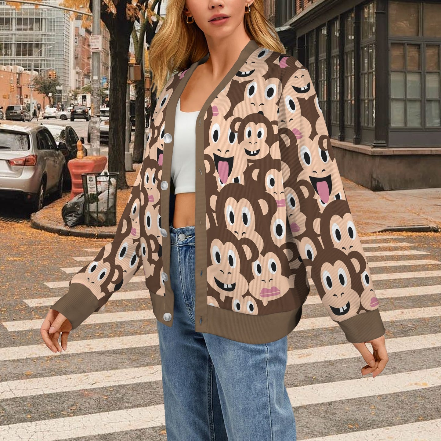 Emoji Monkey Print Pattern Women's Cardigan