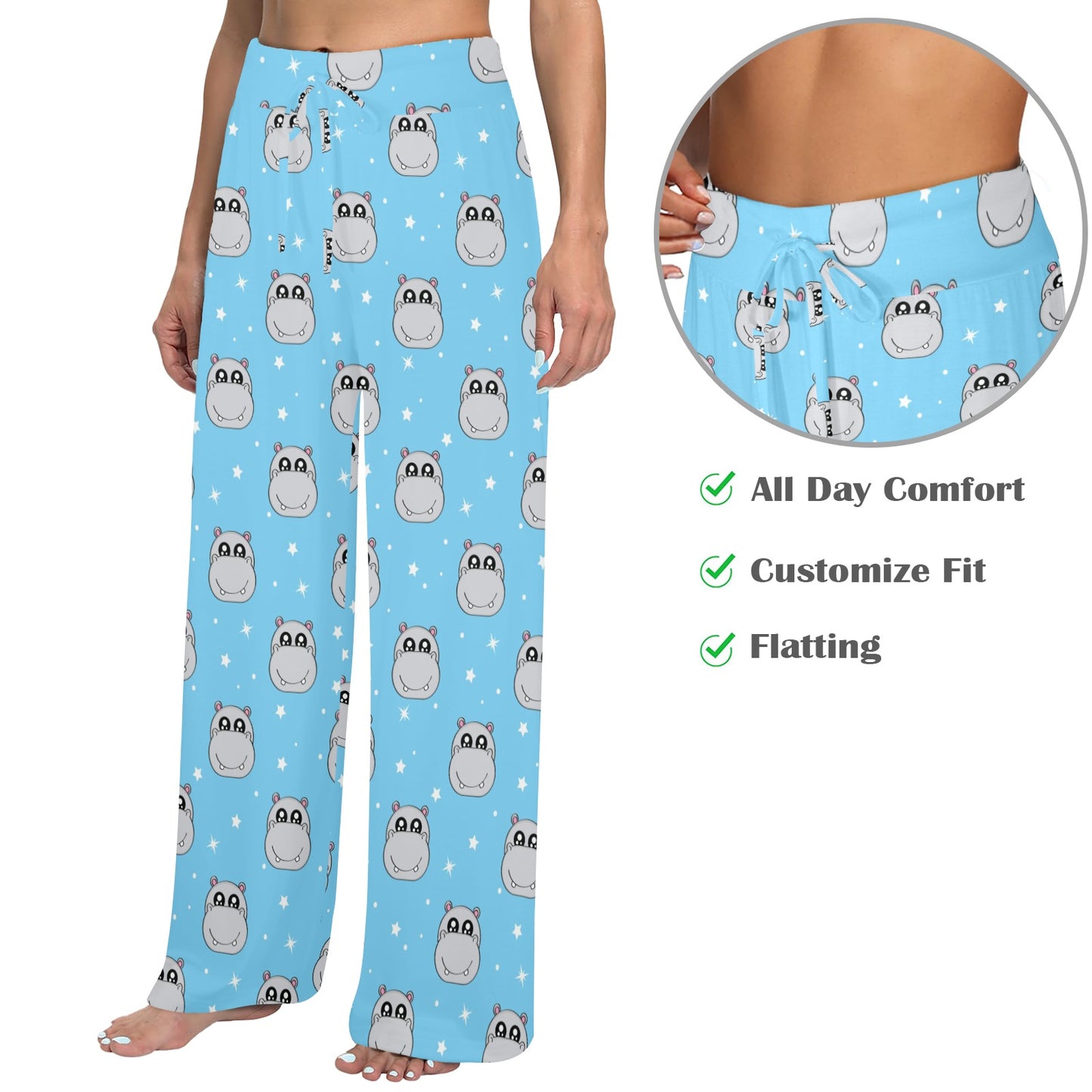Hippo Design Print Pattern JJ0347 Women's Wide Leg Lounge Pants