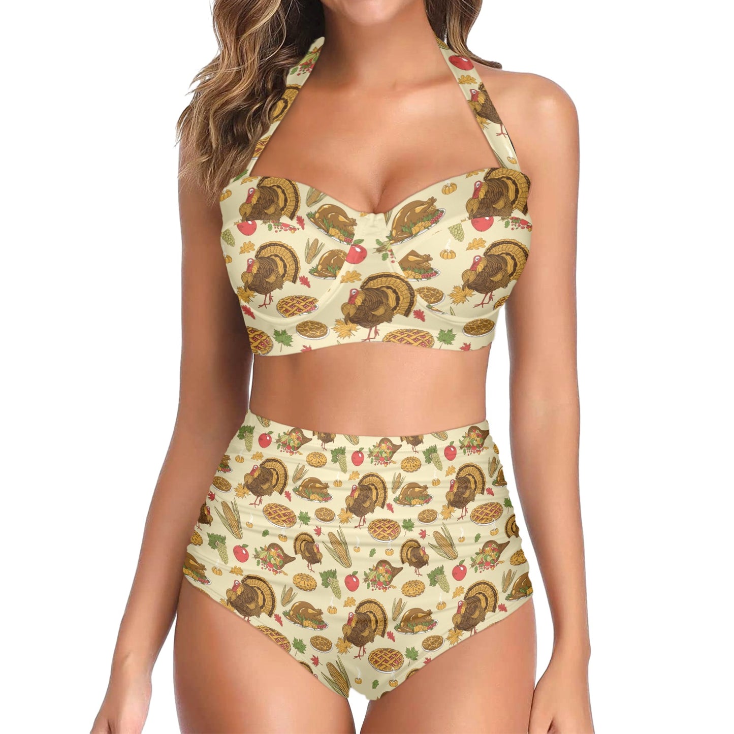 Thanksgiving Print Design LKS302 Halter Neck Bikini Swimsuit
