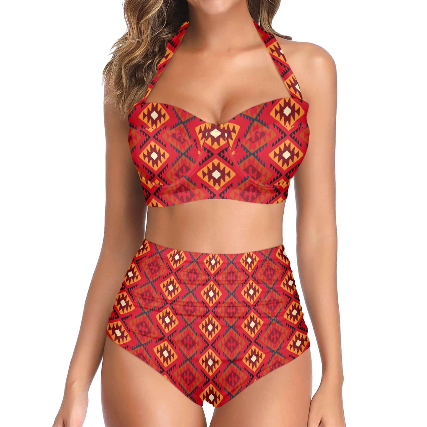 Aztec Pattern Print Design 06 Halter Neck Bikini Swimsuit