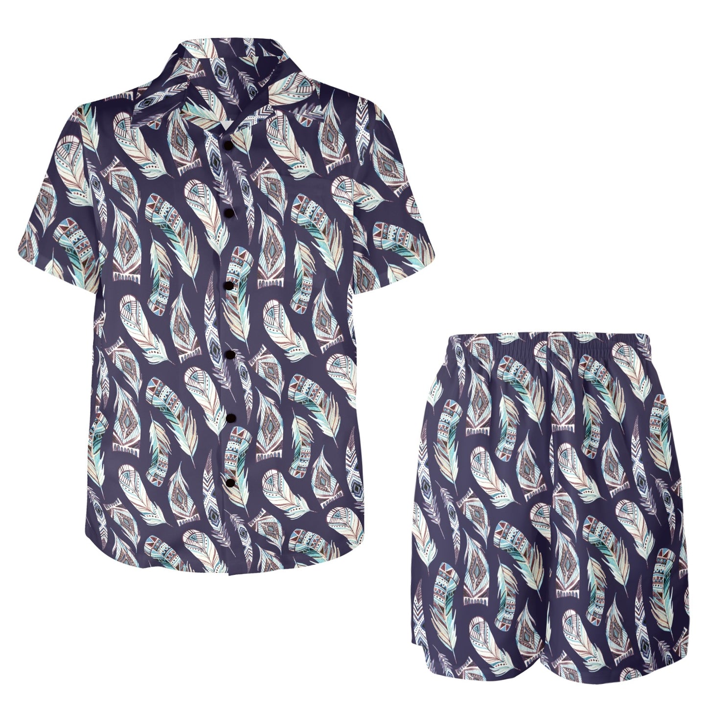 Feather Vintage Boho Design Print Men's Beach Shirt and Shorts Set