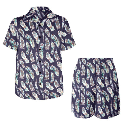 Feather Vintage Boho Design Print Men's Beach Shirt and Shorts Set