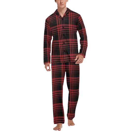 Tartan Red Black Print Design LKS303 Men's Long Pajama Set