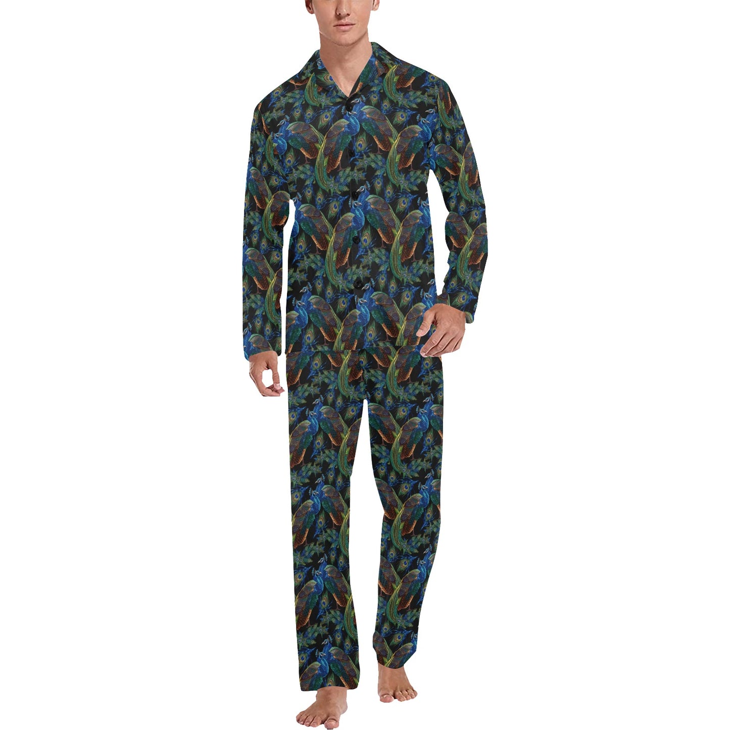 Peacock Themed Design Print Men's Long Pajama Set