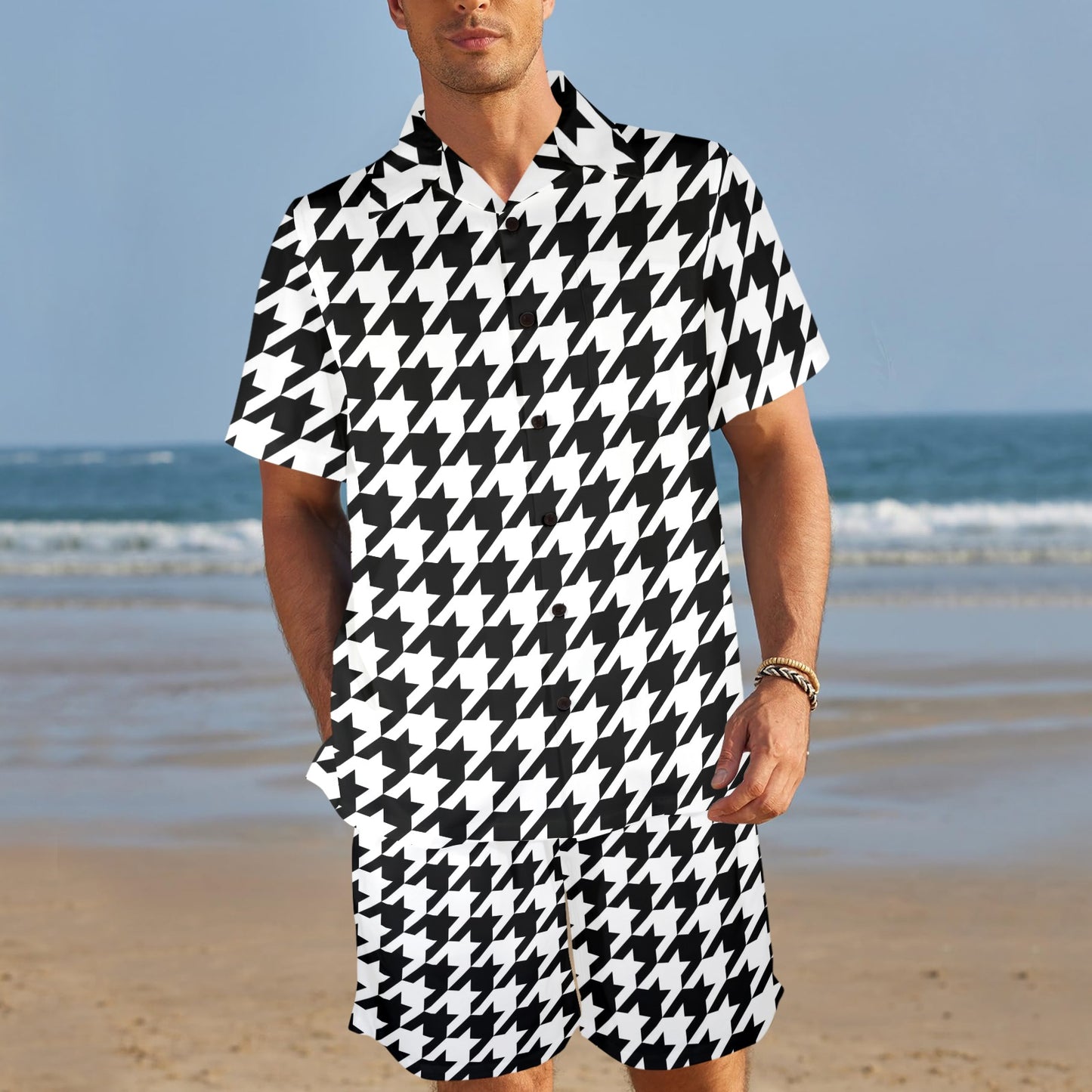Houndstooth Black White Pattern Print Design 05 Men's Beach Shirt and Shorts Set
