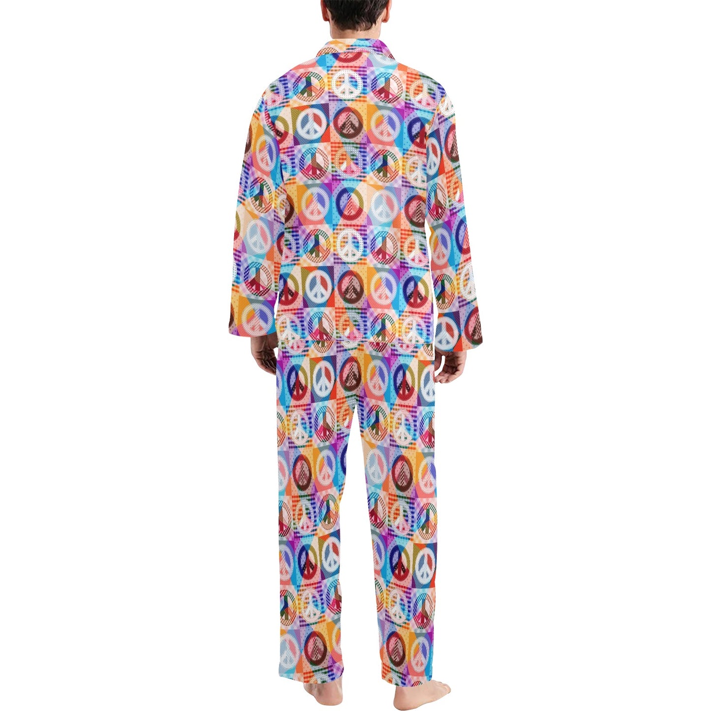 Peace Sign Patchwork Design Print Men's Long Pajama Set