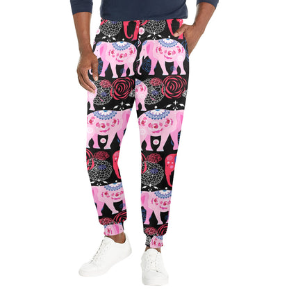 Pink Elephant Pattern Men's Casual Track Pants