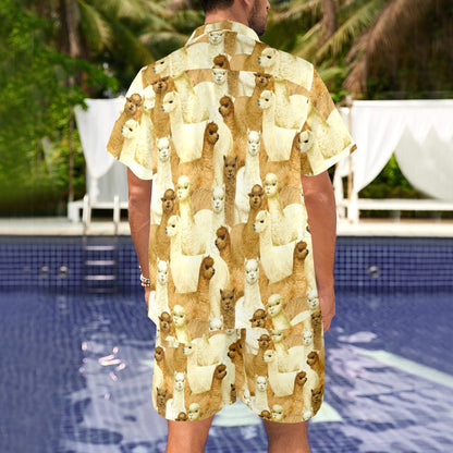 Alpaca Watercolor Design Themed Print Men's Beach Shirt and Shorts Set