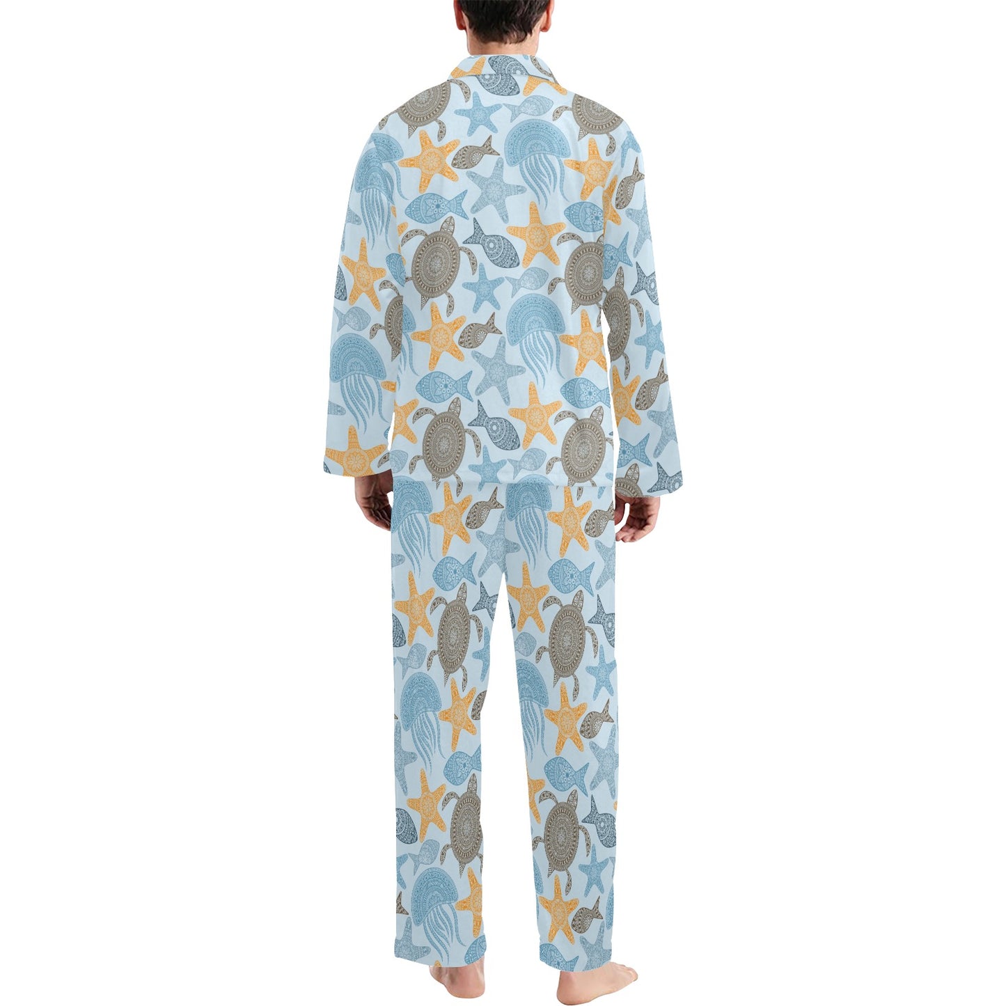 Polynesian Jellyfish Turtle Print Men's Long Pajama Set