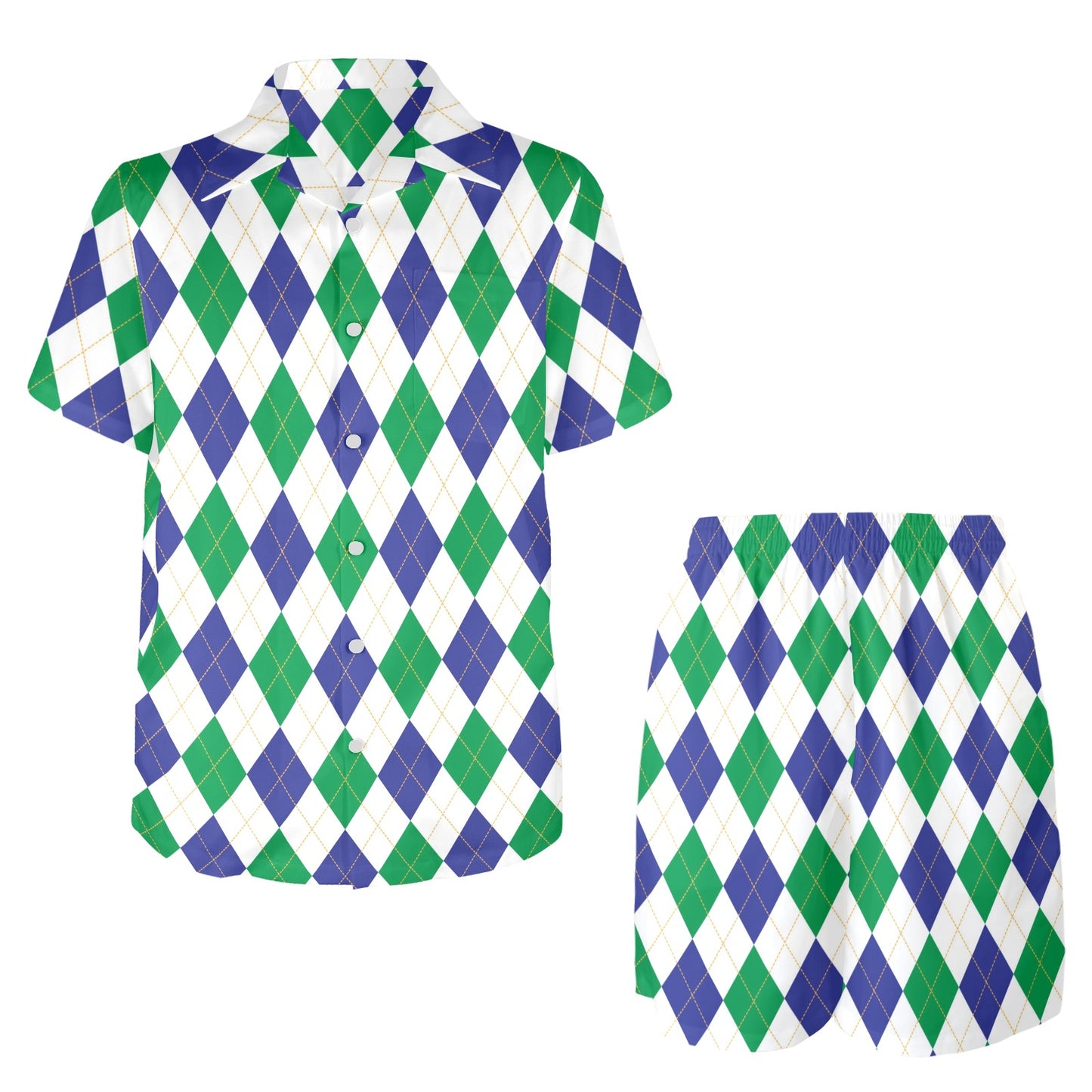 Argyle Green Blue Pattern Print Design 03 Men's Beach Shirt and Shorts Set