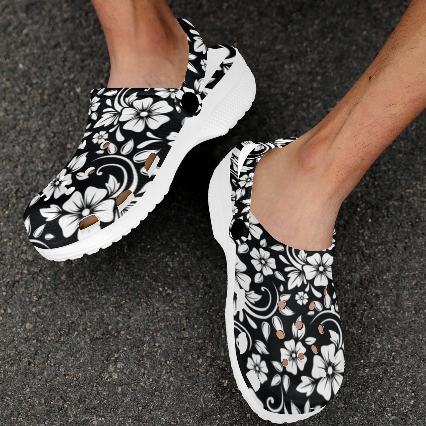 Floral Black White Themed Print Unisex Clogs Shoes