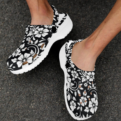Floral Black White Themed Print Unisex Clogs Shoes