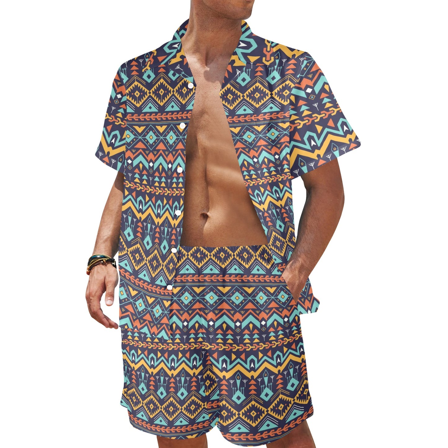 Aztec Style Print Pattern Men's Beach Shirt and Shorts Set