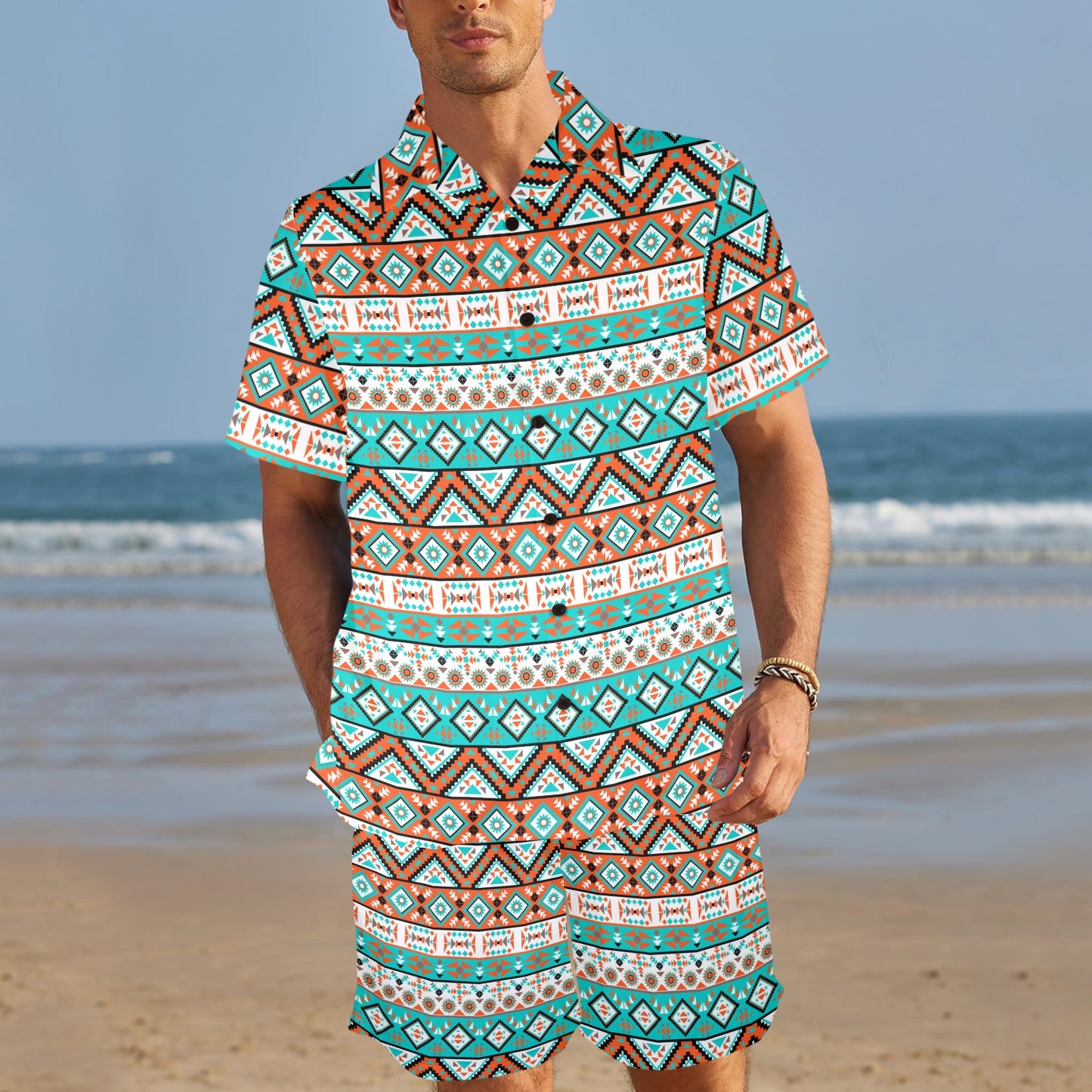 Navajo Style Print Pattern Men's Beach Shirt and Shorts Set