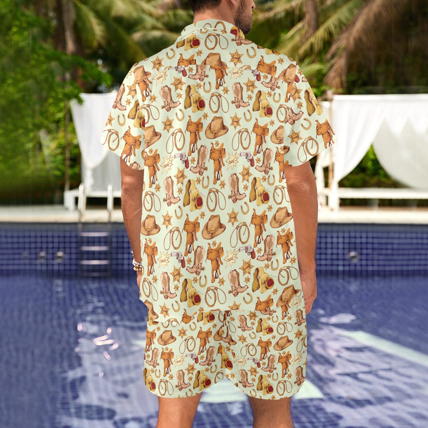 Western Cowboy Design Pattern Men's Beach Shirt and Shorts Set
