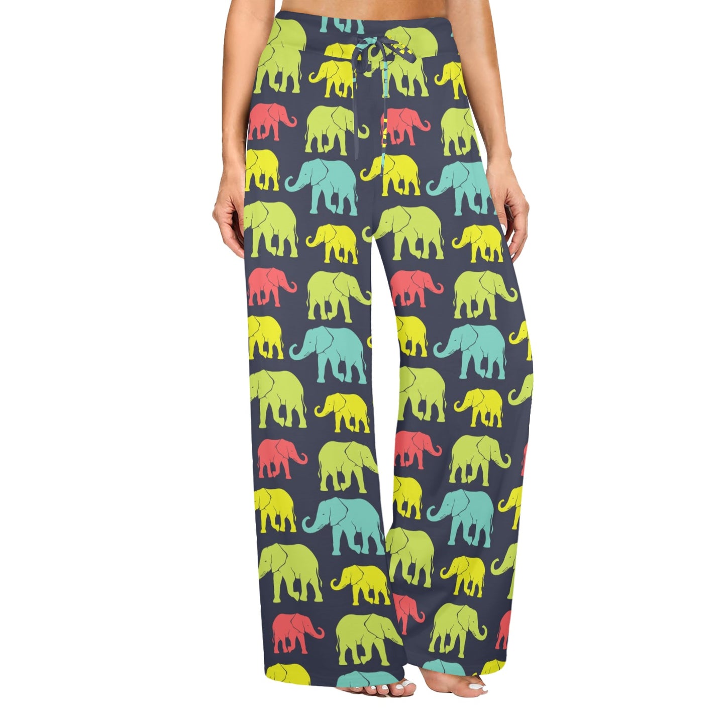 Elephant Neon Color Print Pattern Women's Wide Leg Lounge Pants
