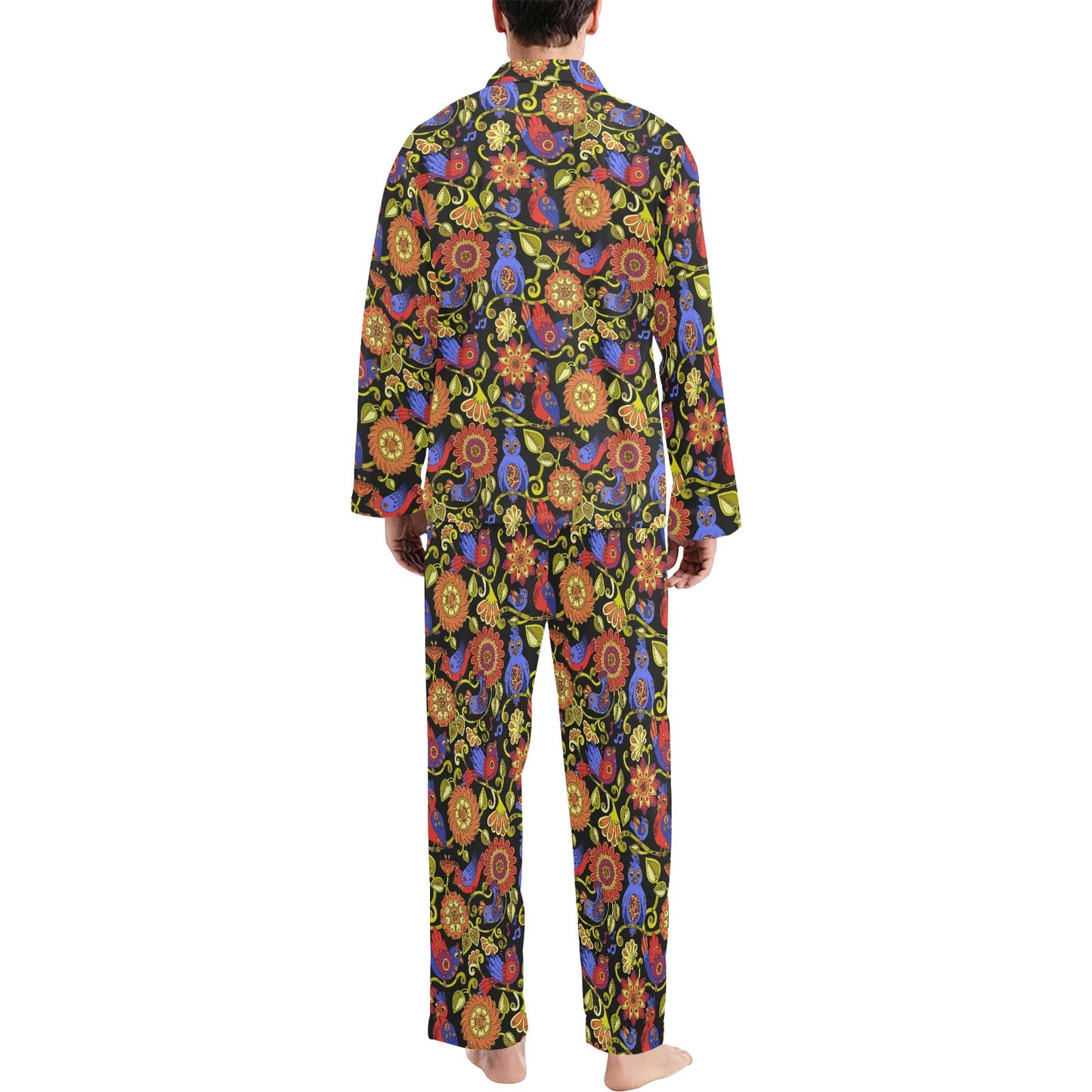 Steampunk Bird Design Themed Print Men's Long Pajama Set