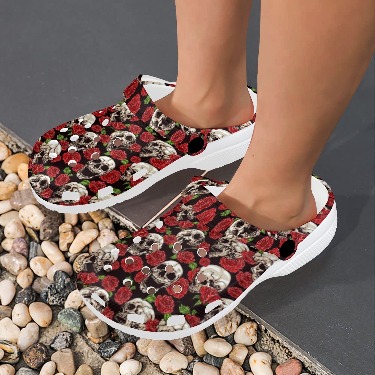 Skull Roses Design Themed Print Unisex Clogs Shoes