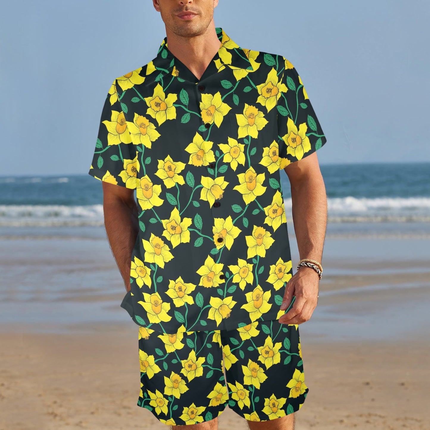Daffodils Pattern Print Design DF03 Men's Beach Shirt and Shorts Set