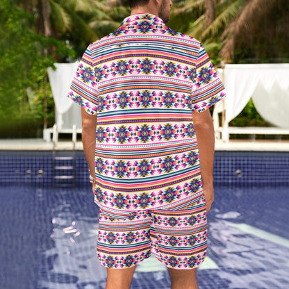 Indian Navajo Neon Themed Design Print Men's Beach Shirt and Shorts Set