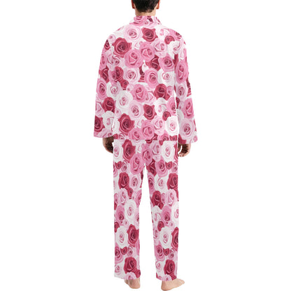 Pink Red Rose Pattern Print Men's Long Pajama Set