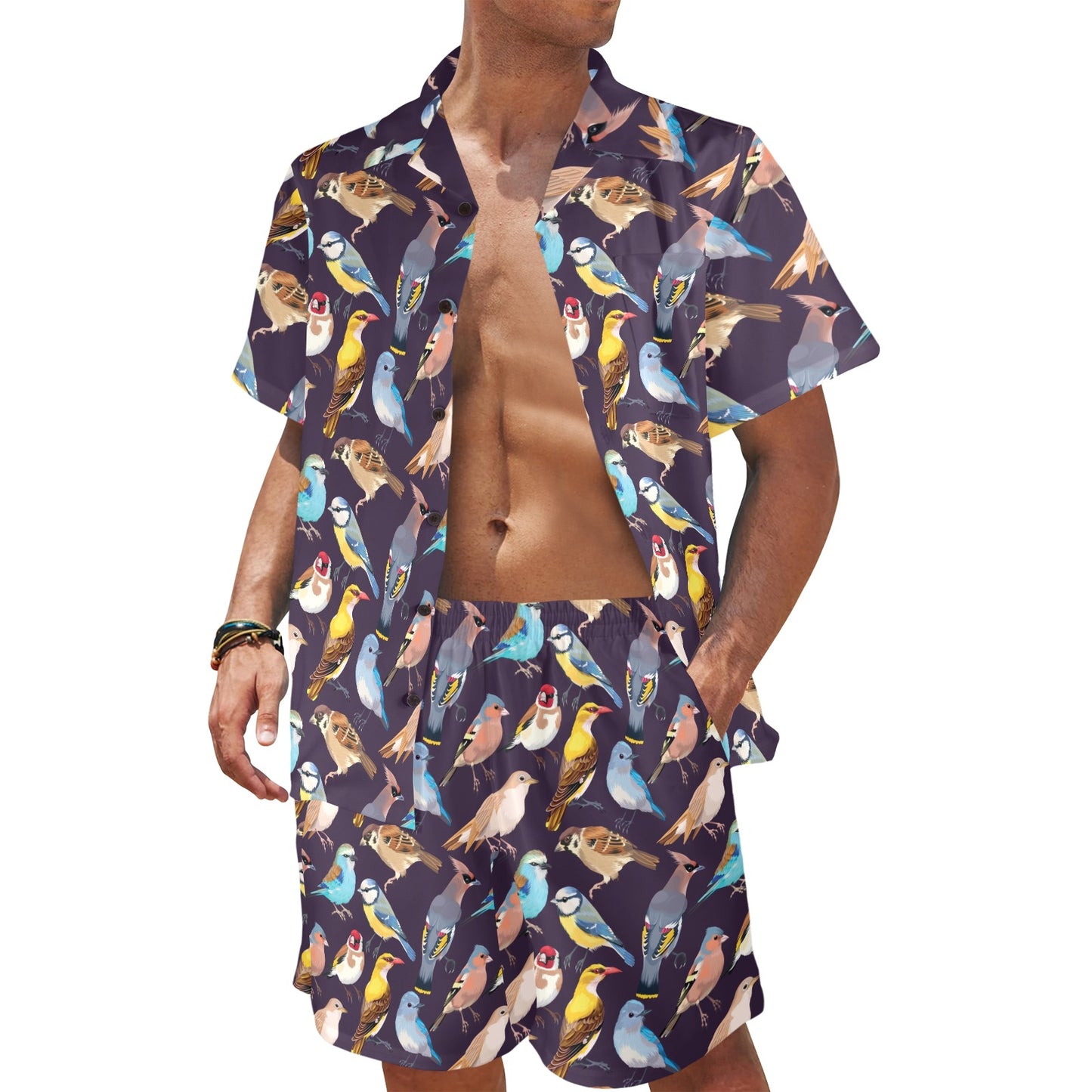 Bird Cute Print Pattern Men's Beach Shirt and Shorts Set