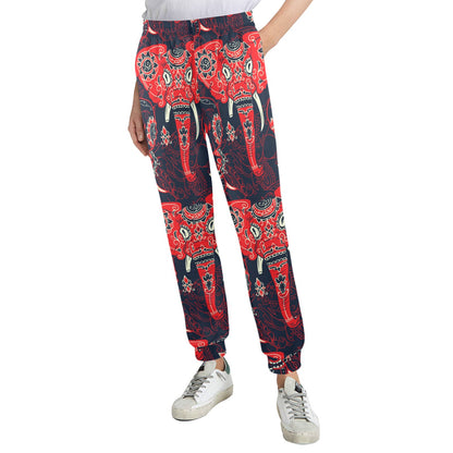 Red Indian Elephant Pattern Women's Casual Track Pants