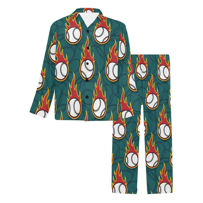 Baseball Fire Print Pattern Men's Long Pajama Set