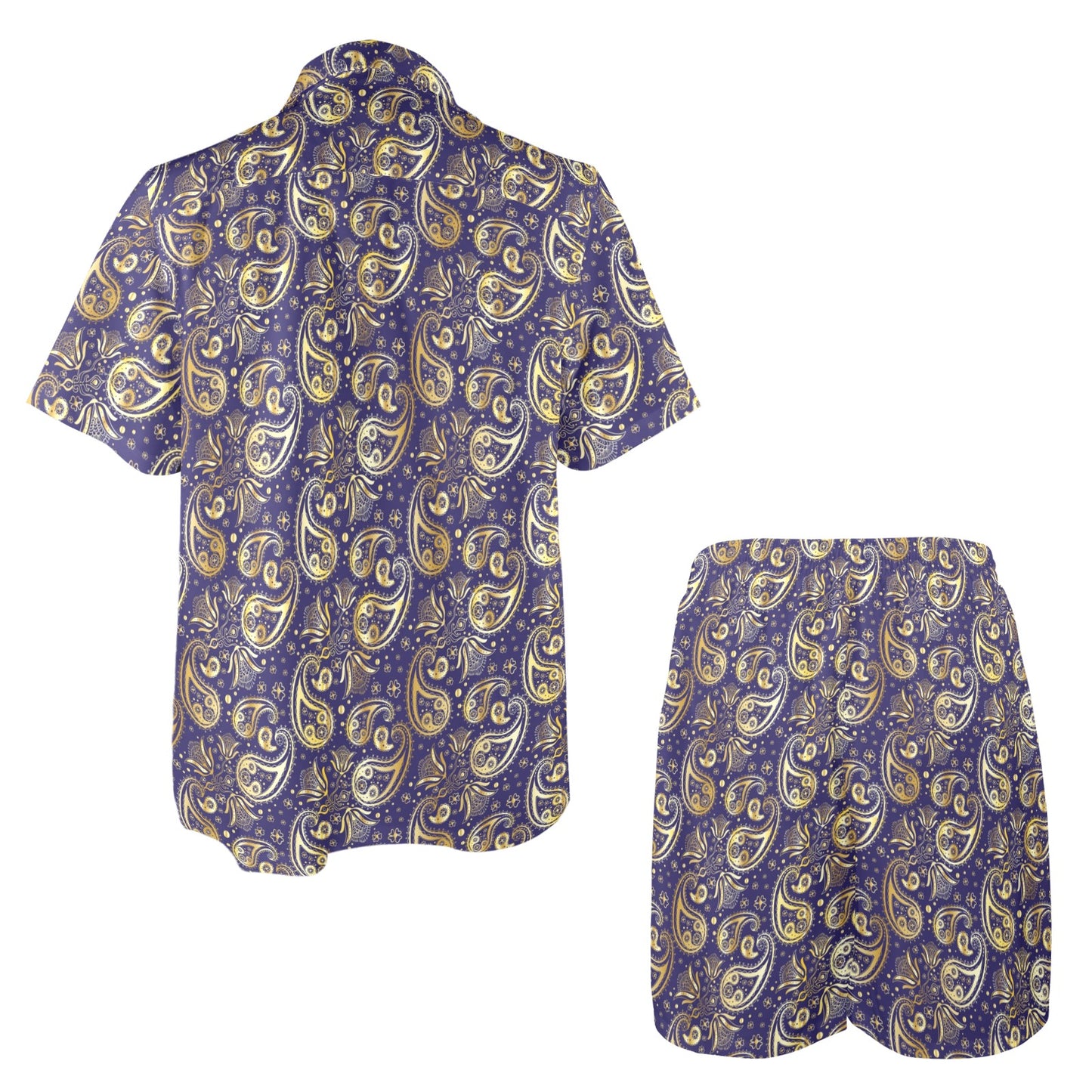 Paisley Blue Yellow Design Print Men's Beach Shirt and Shorts Set