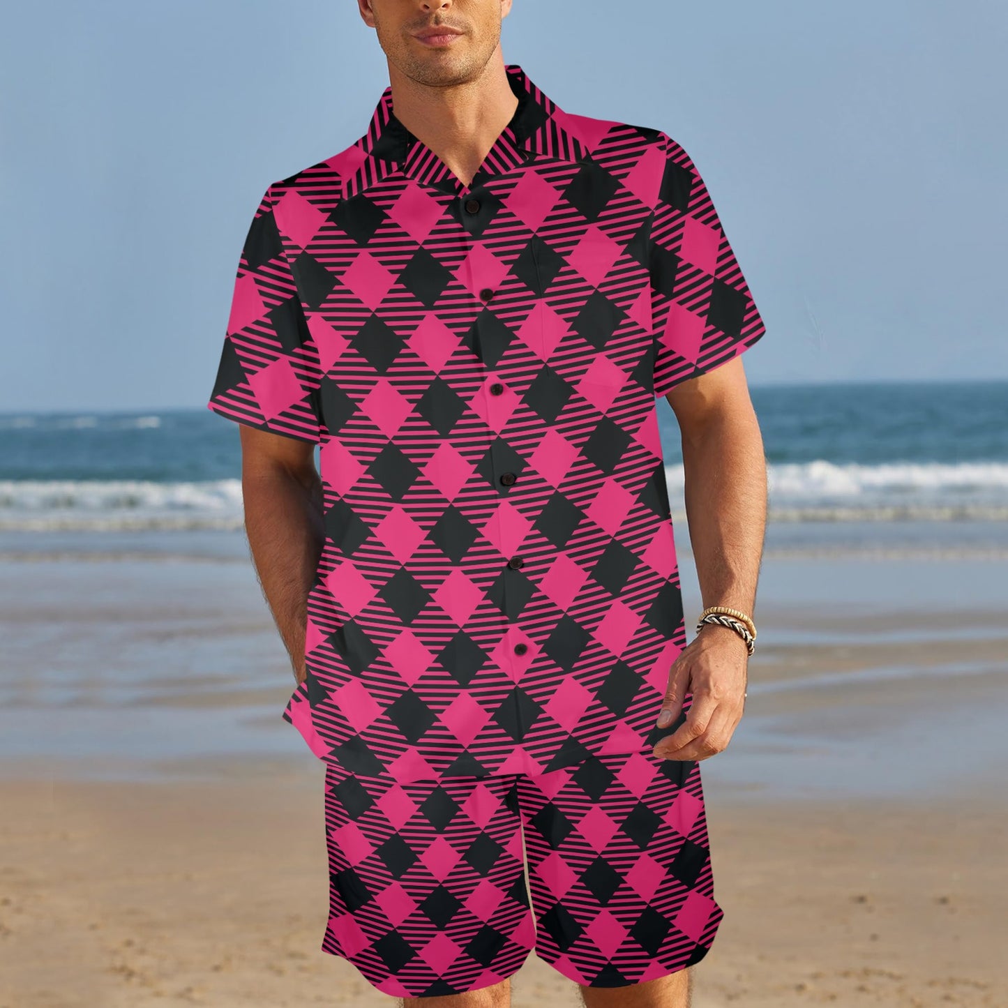 Buffalo check Pink Pattern Print Design 01 Men's Beach Shirt and Shorts Set