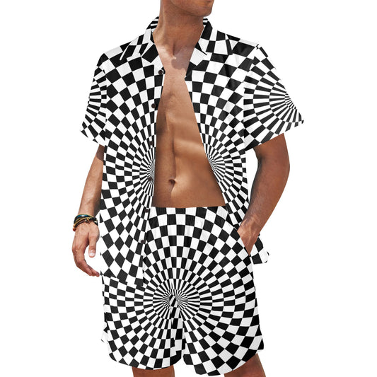 Checkered Flag Optical illusion Men's Beach Shirt and Shorts Set