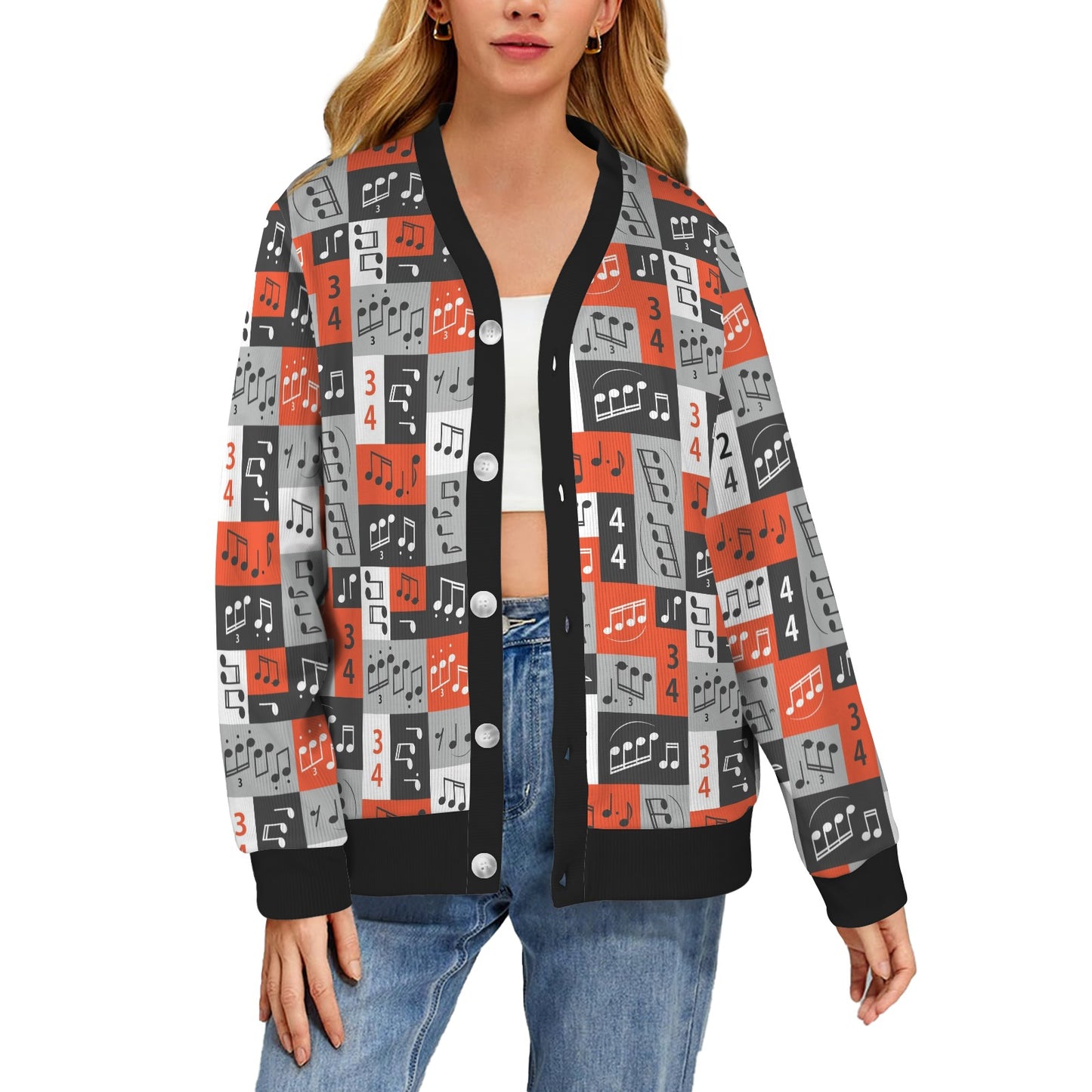 Music Note Design Themed Print Women's Cardigan