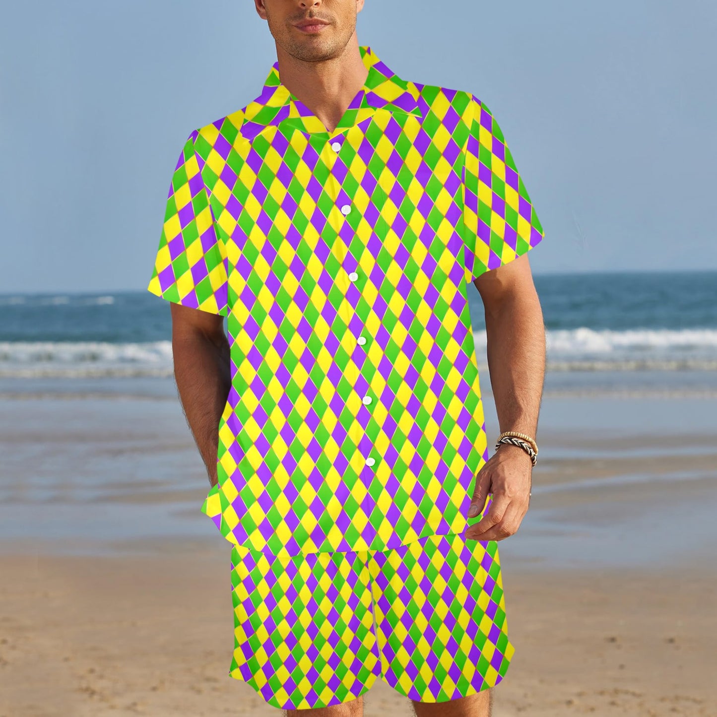 Mardi Gras Pattern Print Design 01 Men's Beach Shirt and Shorts Set