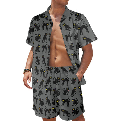 Black Cat Cute Print Pattern Men's Beach Shirt and Shorts Set