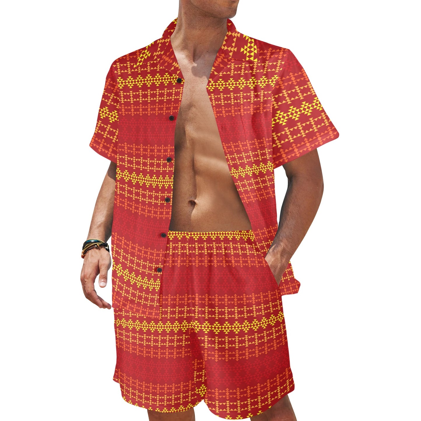 Southwest Red Gold Design Themed Print Men's Beach Shirt and Shorts Set