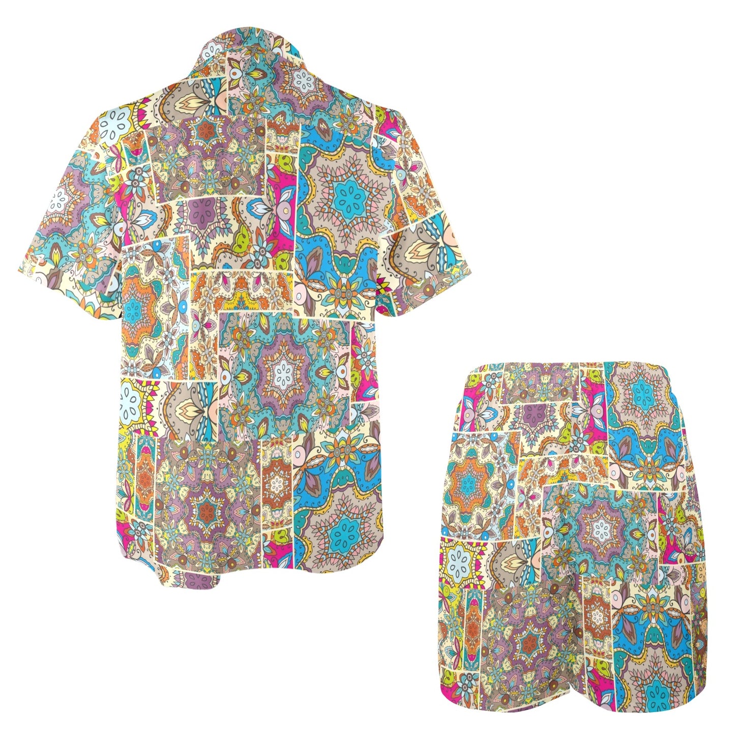 Patchwork Print Design LKS402 Men's Beach Shirt and Shorts Set