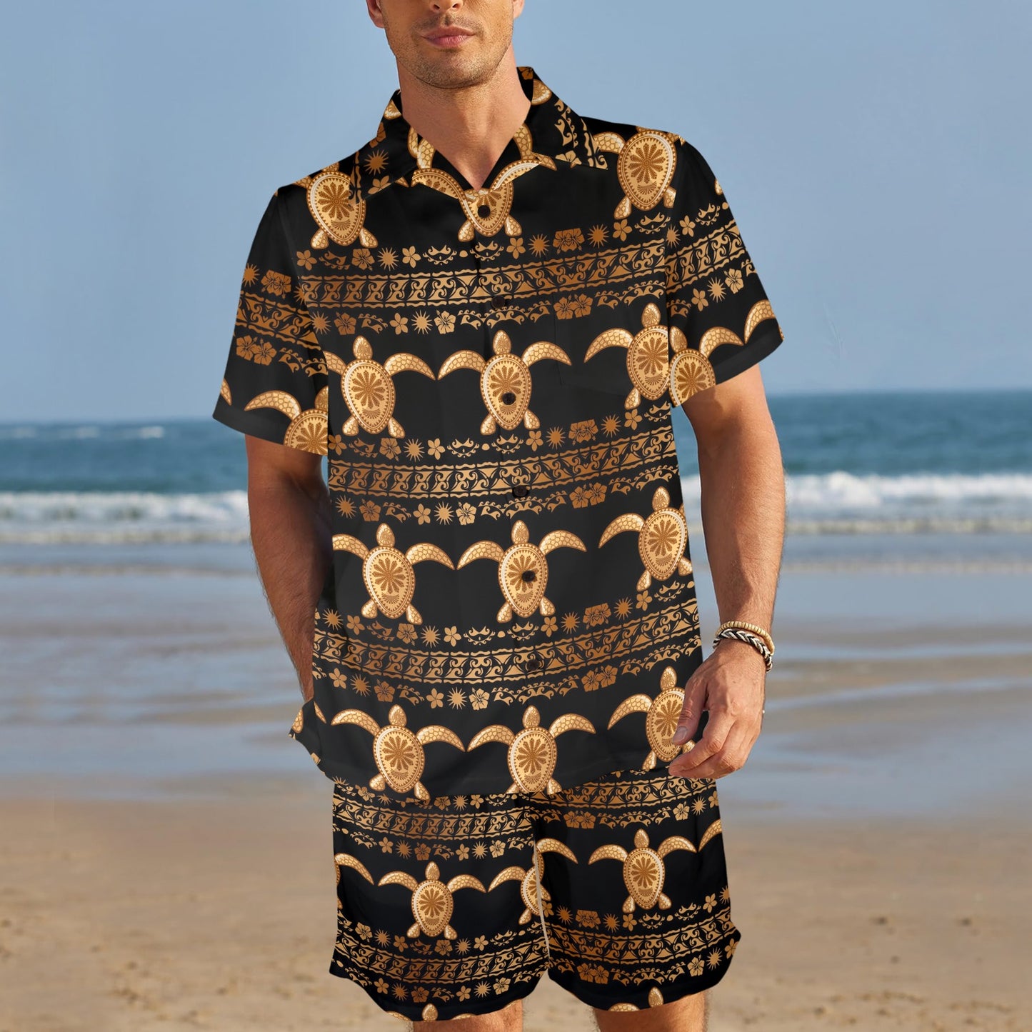 Tribal Sea turtle Polynesian Hawaiian Men's Beach Shirt and Shorts Set