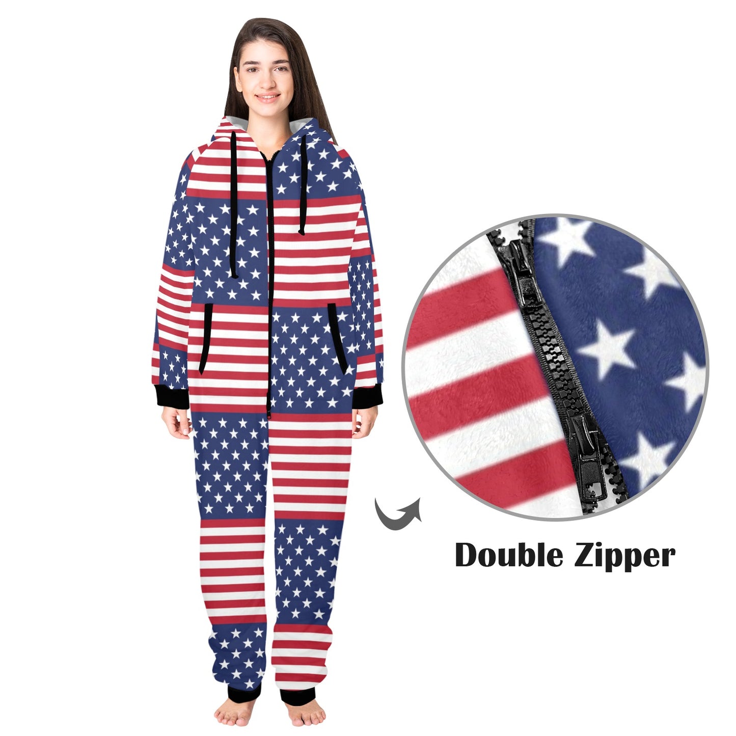 Patriotic US Flag Pattern Print Design A03 Hooded Fleece Onesie Pajama Jumpsuit