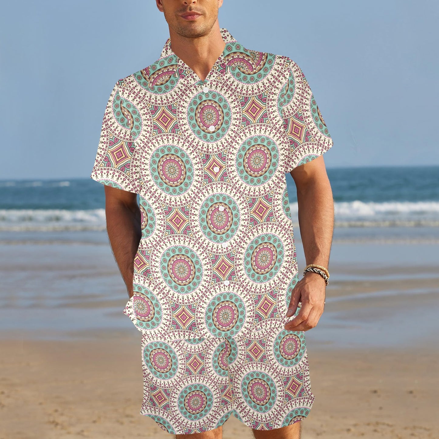 Bohemian Round Style Print Men's Beach Shirt and Shorts Set